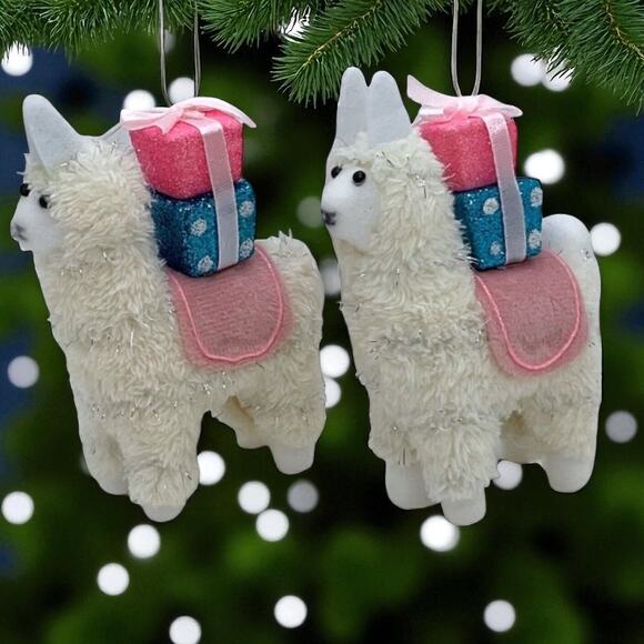 2 Llama Ornament-Fluffy White Christmas Tree Carrying Presents Pink White Aqua - Picture 1 of 2